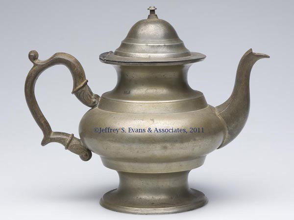 PHILADELPHIA, PA PEWTER TEAPOT: PHILADELPHIA, PA PEWTER TEAPOT, stamped "J. H. PALETHROP" and "PHILADA" under base. Circa 1825. 7 3/4" HOA.