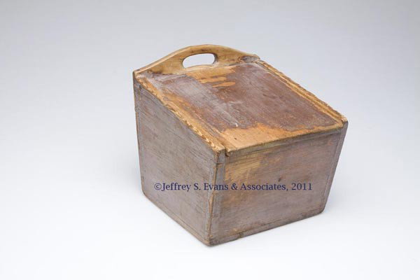 COUNTRY PAINTED PINE SALT BOX: COUNTRY PAINTED PINE SALT BOX, hinged and inset slant lid above a dovetailed case and applied bottom. Worn dry painted surface. Second half 19th century. 8" H, 8" x 8 1/2". Provenance: Estate collecti