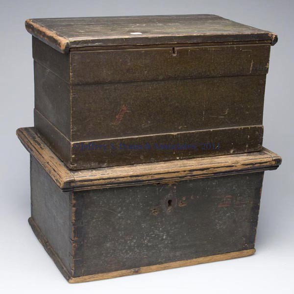 TWO COUNTRY PAINTED PINE BOXES: TWO COUNTRY PAINTED PINE BOXES, each hinged lid with applied end moldings, one nailed and one dovetailed case. Interiors with strap hinges. Original dry painted surfaces. First half 19th century. 18" 