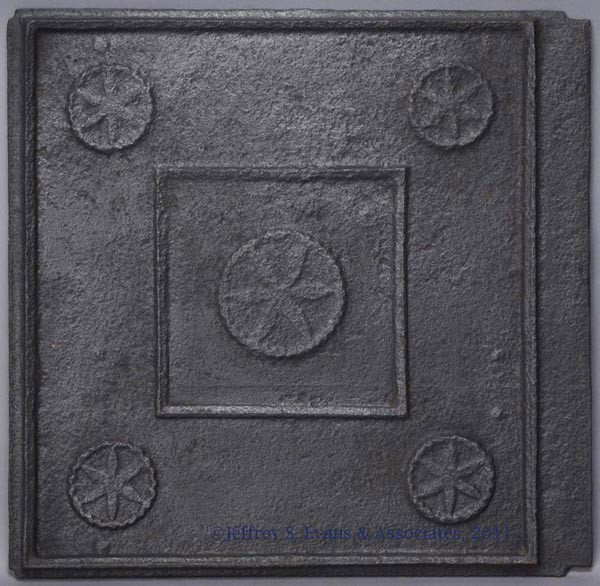 PAGE CO., VA CAST-IRON STOVE PLATE: PAGE CO., VA CAST-IRON STOVE PLATE, being the side plate for a five-plate jamb, or wall stove, depicting five six-petal rosettes within sawtooth-edge circles. Jacob Kiblinger's Redwell Furnace, Shenan