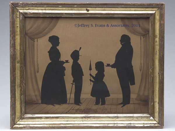 AUGUSTIN EDOUART (FRENCH / AMERICAN, 1789-1861) GR: AUGUSTIN EDOUART (FRENCH / AMERICAN, 1789-1861) GROUP SILHOUETTE, cut paper on handpainted background, titled "Jonathan Porter and Family", depicting Porter and his wife, each holding a tea cup, and t