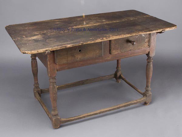 PENNSYLVANIA POPLAR PIN-TOP WORK TABLE: PENNSYLVANIA POPLAR PIN-TOP WORK TABLE, two-board removable top above two drawers, raised on bulbous-turned legs joined by box-form stretchers and worn feet. Historical surfaces including remnants of 