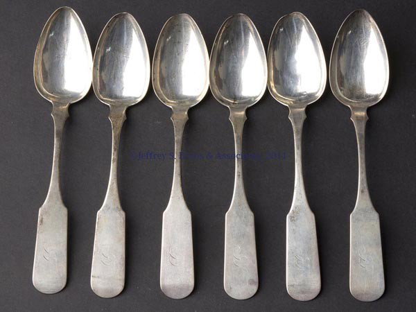 ALEXANDRIA, VA COIN SILVER SERVING SPOONS, SET OF : ALEXANDRIA, VA COIN SILVER SERVING SPOONS, SET OF SIX, marked "J.ADAM" for John Adam (1775-1848), tipped-back fiddle handle and monogram to top. 9.32 ozt total weight. First half 19th century. 8 3/4" 