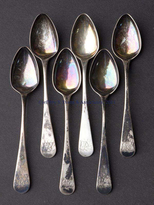 ALEXANDRIA, VA / GEORGETOWN, DC COIN SILVER TEASPO: ALEXANDRIA, VA / GEORGETOWN, DC COIN SILVER TEASPOONS, SET OF SIX, marked "C. A. Burnett" (high periods) for Charles A. Burnett (1769-1849), tipped-back round-end handles, monogrammed to top. 3.03 ozt