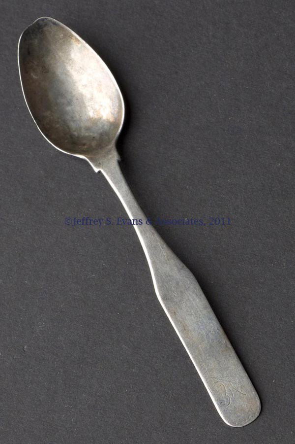 FINCASTLE, VA COIN SILVER TEASPOON: FINCASTLE, VA COIN SILVER TEASPOON, marked "I WELCH" for John Welch (c. 1790-1827), tipped-back fiddle handle, monogram to top. .35 ozt. First quarter 19th century. 5 5/16" L. Provenance: From a Winch