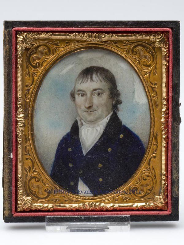 AMERICAN / BRITISH SCHOOL MINIATURE PORTRAIT: AMERICAN / BRITISH SCHOOL MINIATURE PORTRAIT, watercolor on ivory, depicting a young gentleman in a blue coat, possibly a sea captain, unsigned. In a half-case penciled "Mr. Turner" on interior. Secon