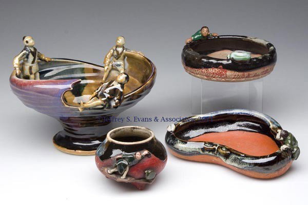 JAPANESE SUMIDA BOWLS / VASES, LOT OF FOUR: JAPANESE SUMIDA BOWLS / VASES, LOT OF FOUR, each with applied figures, three with incised marks. Late 19th to mid 20th century. 1 3/4" to 5" HOA. Provenance: Collection of Bertram (Bert) Cohen.
