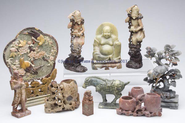 CHINESE CARVED SOAPSTONE FIGURES, LOT OF 10: CHINESE CARVED SOAPSTONE FIGURES, LOT OF 10, including a table screen decorated with hard stone and a Buddha figure. 20th century. 3 1/2" to 10" H. Provenance: Collection of Allison and the late Donal
