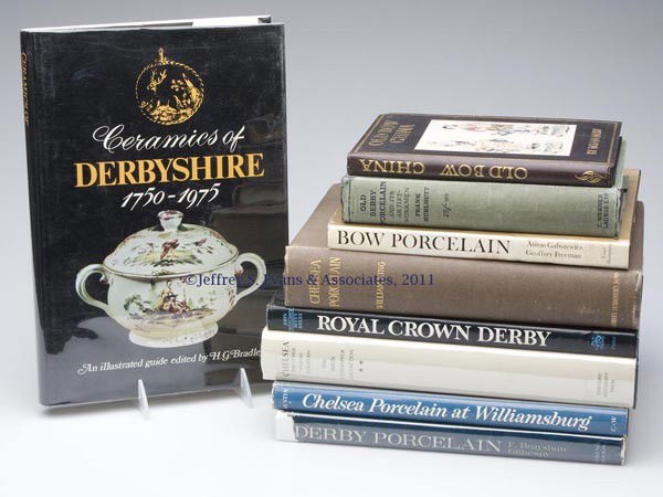ENGLISH PORCELAIN REFERENCE VOLUMES, LOT OF NINE: ENGLISH PORCELAIN REFERENCE VOLUMES, LOT OF NINE, including three on Chelsea, one being a first edition of "Chelsea Porcelain" by William King; and four on Royal Crown Derby, including a first edition