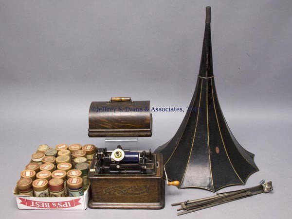 EDISON STANDARD CYLINDER PHONOGRAPH: EDISON STANDARD CYLINDER PHONOGRAPH oak dome-top case, with Model-H 4 Minute reproducer and Model-C reproducer, black and polychrome painted morning glory horn supported on a floor stand, plaque with 