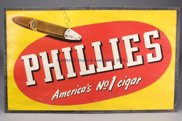PHILLIES CIGAR ADVERTISING SIGN: PHILLIES CIGAR ADVERTISING SIGN lithograph on cardstock, single sided. Metal frame with ten holes for hanging. First half 20th century. 25 1/2" x 45 3/4" OA.