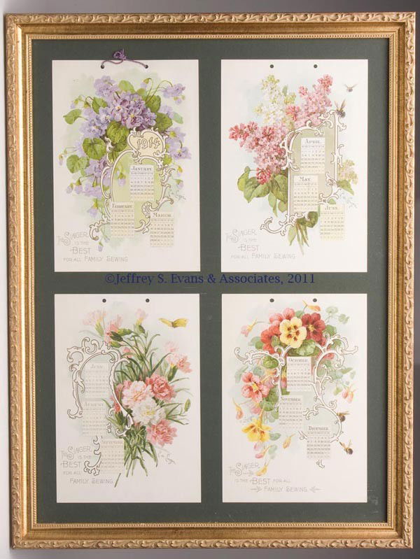 SINGER SEWING MACHINE CALENDAR: SINGER SEWING MACHINE CALENDAR for 1914, lithograph on paper, art by P. de Longpre, in four sheets. Original envelope in pocket on reverse. Nice modern frame and mat. First quarter 20th century. 19" x