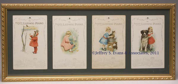 LUDWIG PIANO CALENDAR: LUDWIG PIANO CALENDAR for 1905, lithograph on paper, in four sheets. Nice modern frame and mat. First quarter 20th century. 11 3/8" x 25 1/2" OA.