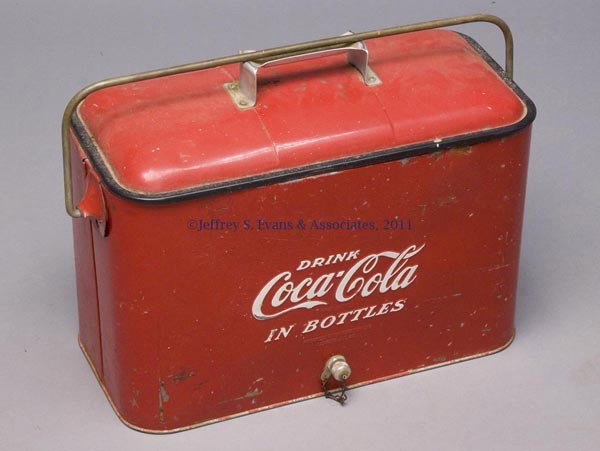 PROGRESS COCA-COLA PICNIC COOLER: PROGRESS COCA-COLA PICNIC COOLER hanging opener and rear drain. Mid 20th century. 14" H, 9" x 19". Provenance: Estate collection of Dorothy and Marshall Jenkins.