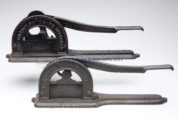 TWO CAST-IRON TOBACCO CUTTERS: TWO CAST-IRON TOBACCO CUTTERS marked "RJR TOBACCO SATISFIES", under base marked "W. HDW. CO. / WRIGHTSVILLE, PA.", and the other "THE CHAMPION KNIFE IMPROVED" by the Enterprise Mfg. Co., Philadelphia,