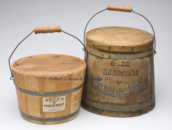 COUNTRY STORE MINCE MEAT WOODEN BUCKETS, LOT OF TW: COUNTRY STORE MINCE MEAT WOODEN BUCKETS, LOT OF TWO each with original lid and bail handle, labeled for Edgar Brick & Son and Atmore & Son, Inc. First quarter 20th century. 7" and 10" H.