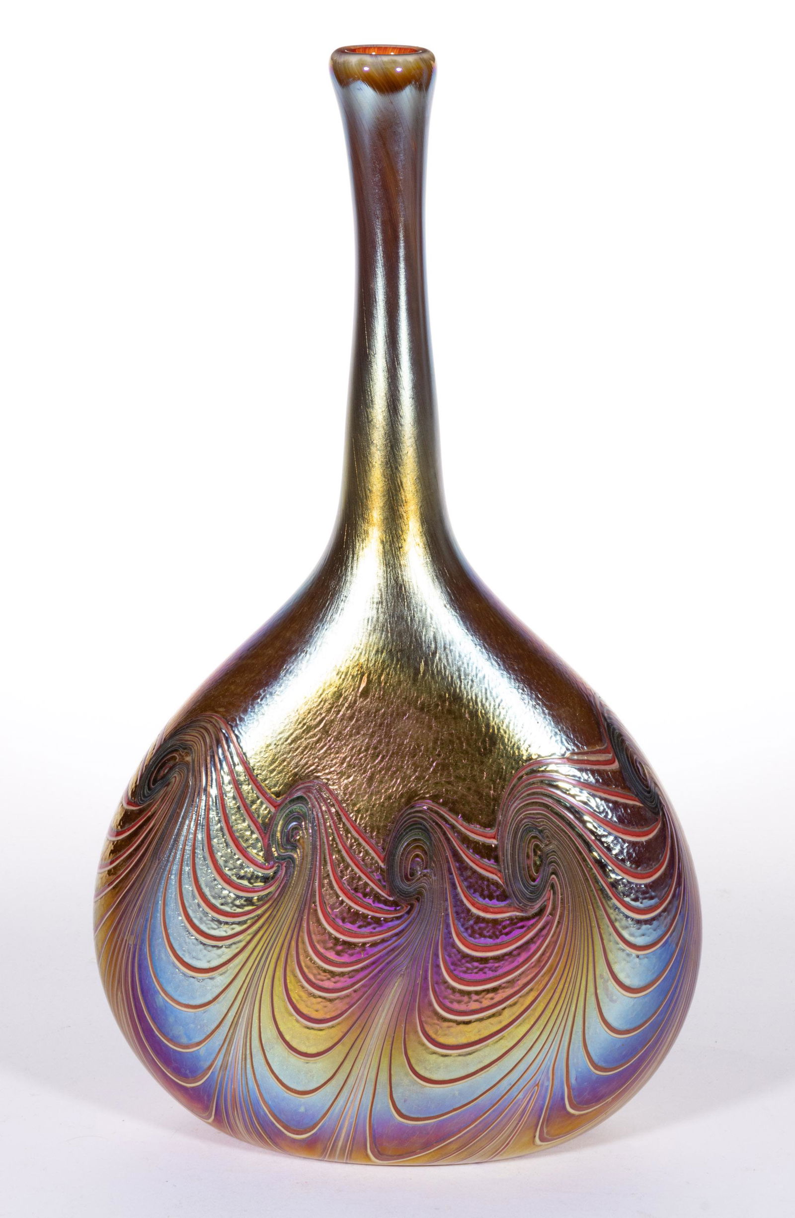 STEPHEN FELLERMAN IRIDESCENT STUDIO ART GLASS BANJO VASE, (1 of 4)