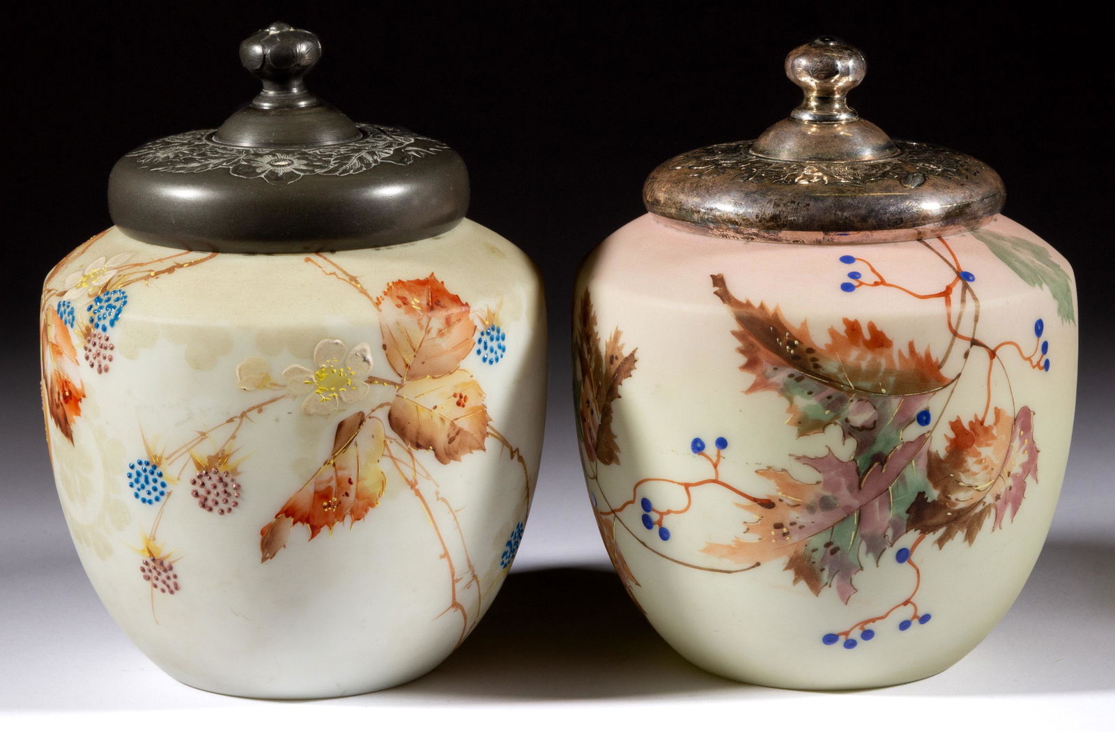 MT. WASHINGTON ENAMEL-DECORATED ART GLASS BISCUIT JARS, LOT OF TWO, (1 of 1)