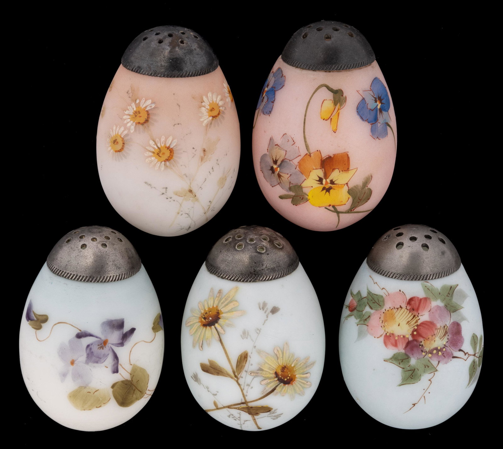 MT. WASHINGTON ENAMEL-DECORATED FLAT-SIDE SALT SHAKERS, LOT OF FIVE, (1 of 1)
