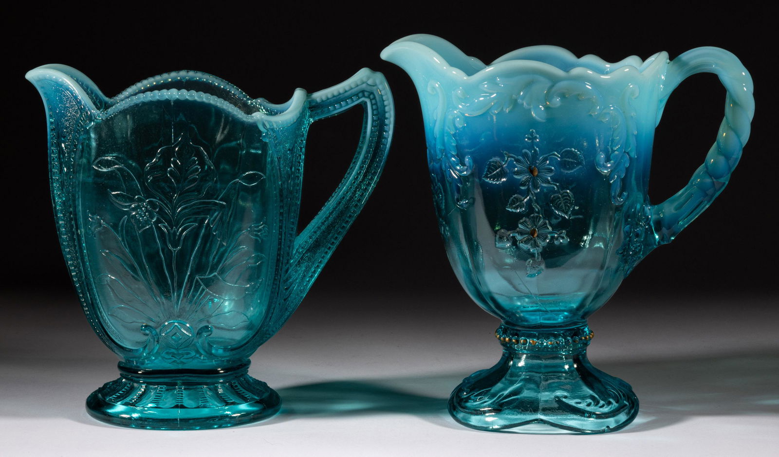 ASSORTED PRESSED OPALESECENT GLASS WATER PITCHERS, LOT OF TWO, (1 of 1)