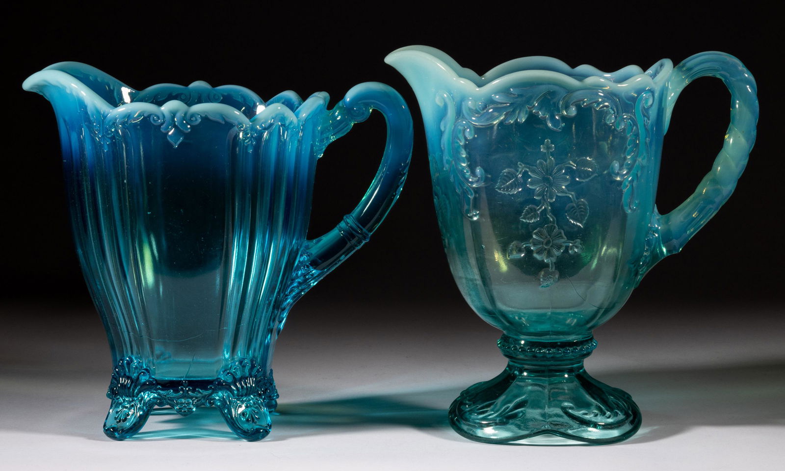 ASSORTED PRESSED OPALESCENT GLASS WATER PITCHERS, LOT OF TWO, (1 of 1)