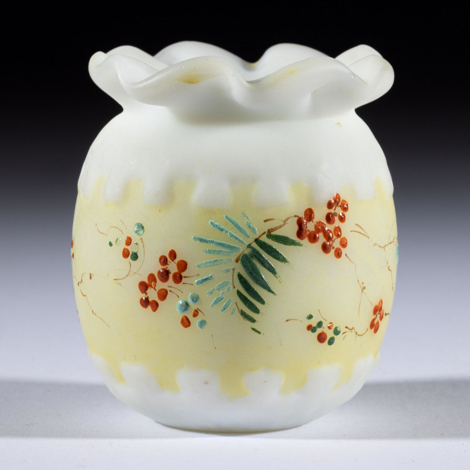 MT. WASHINGTON PARALLEL GREEK KEY TOOTHPICK HOLDER,: MT. WASHINGTON PARALLEL GREEK KEY TOOTHPICK HOLDER, opaque white with a yellow ground and polychrome-enamel decoration,a plush finish, stained body, medial polychrome-enamel floral decoration, and too