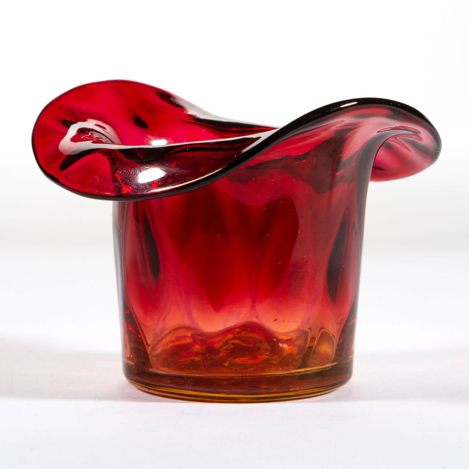 VICTORIAN AMBERINA DIAMOND-QUILT TOOTHPICK HOLDER,: VICTORIAN AMBERINA DIAMOND-QUILT TOOTHPICK HOLDER,amberina with opalescent bloom,hat-form with an opalescent bloom to the pattern, rough pontil mark.Maker unverified.Fourth quarter 19th/first quarter