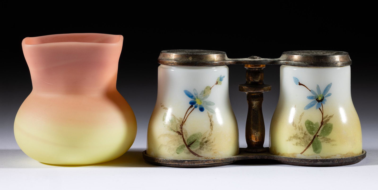 ASSORTED OPAQUE GLASS TOOTHPICK HOLDERS, LOT OF TWO,: ASSORTED OPAQUE GLASS TOOTHPICK HOLDERS, LOT OF TWO,opaque white and plush Burmese,comprising a Burmese square-form, and a pair of Binoculars with polychrome-enamel decoration, fitted into a metal fra