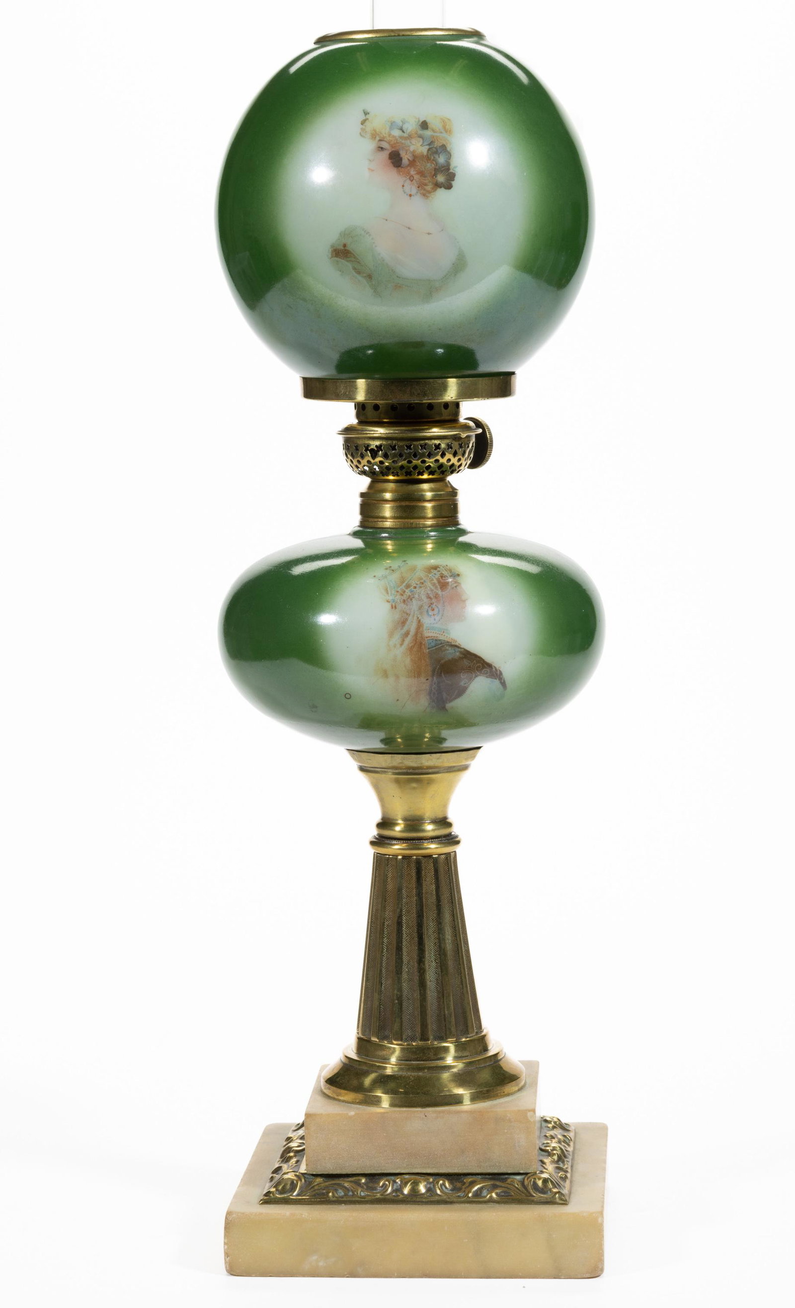 VICTORIAN ENAMEL-DECORATED KEROSENE STAND LAMP,: VICTORIAN ENAMEL-DECORATED KEROSENE STAND LAMP,decorated opal with a green ground and polychrome-enamel decoration,compressed globular font with a Victorian lady in a central reserve, raised on a doub