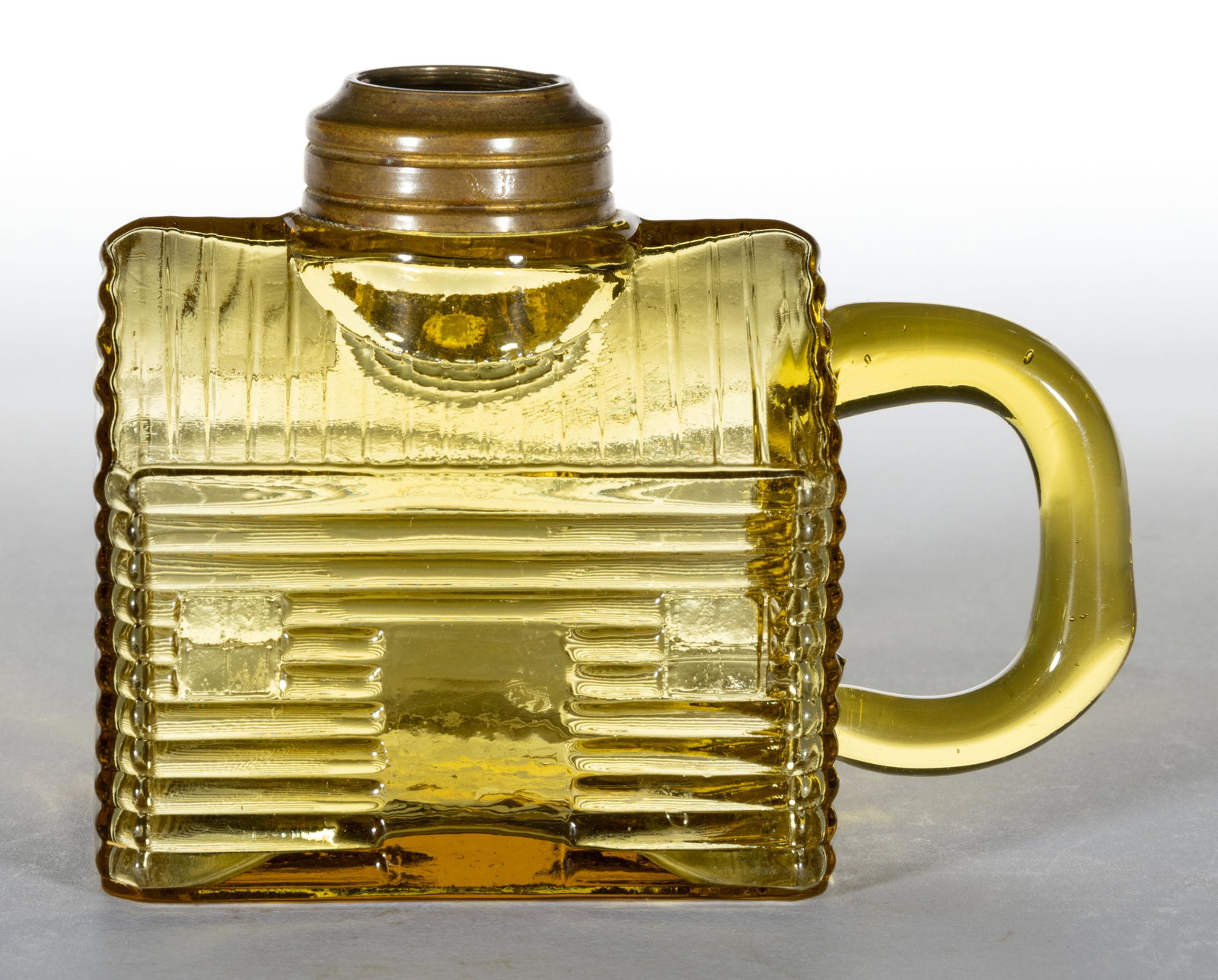 ATTERBURY LOG CABIN / SCHOOL HOUSE - SMALL SIZE MINIATURE FINGER LAMP: ATTERBURY LOG CABIN / SCHOOL HOUSE - SMALL SIZE MINIATURE FINGER LAMP, amber, pressed molded handle, No. 1 Taplin-Brown collar. Atterbury & Co. Circa 1868. 3 3/8" H to top of collar, 2 3/4" W base, 4 