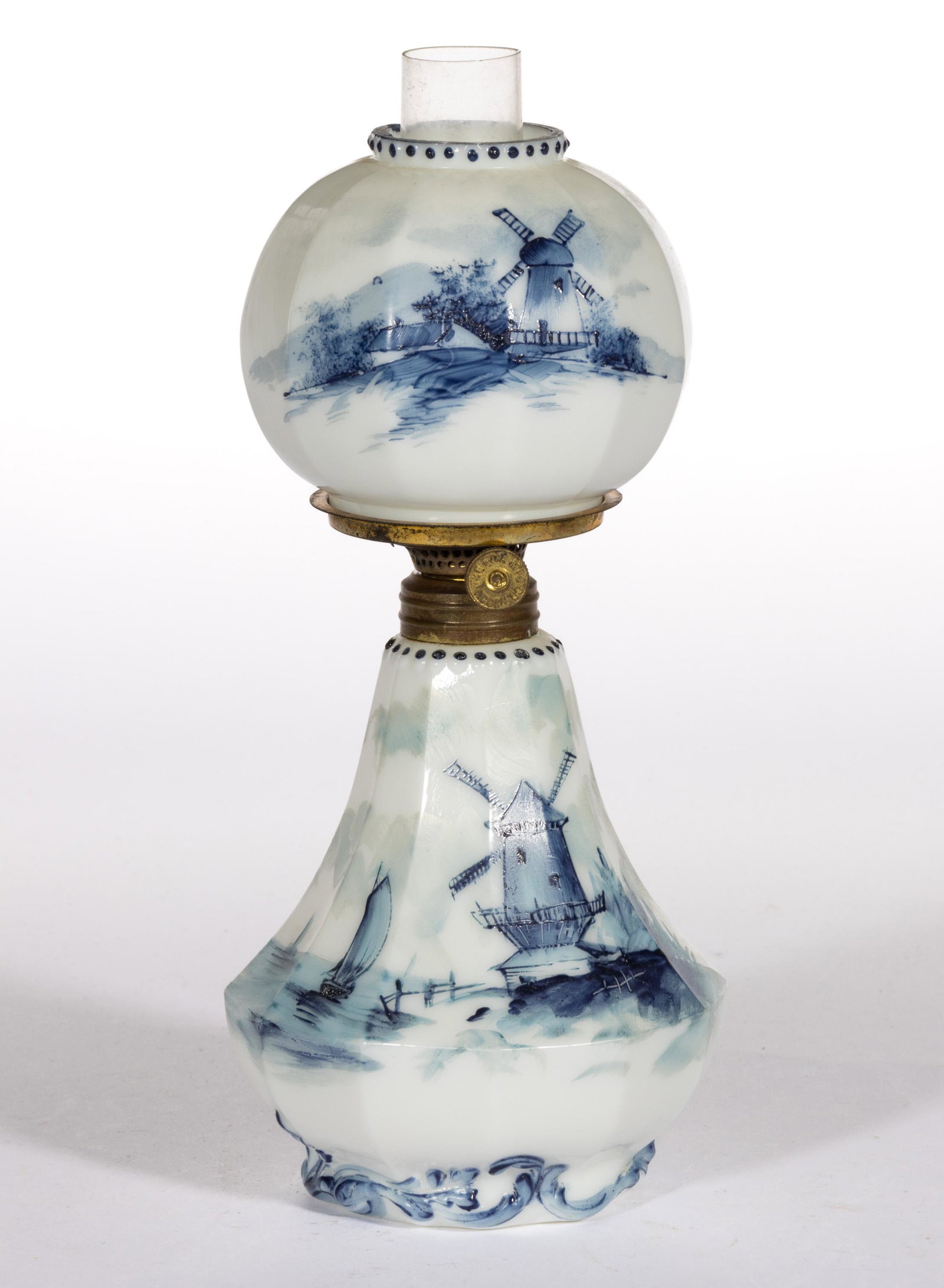 PAIRPOINT PANELLED DELFT-DECORATED OPAL MINIATURE LAMP,: PAIRPOINT PANELLED DELFT-DECORATED OPAL MINIATURE LAMP, opaque white with blue and gray enamel decoration of windmills and sailboats,, twelve-panel skirted font with beaded top and scroll embossing to