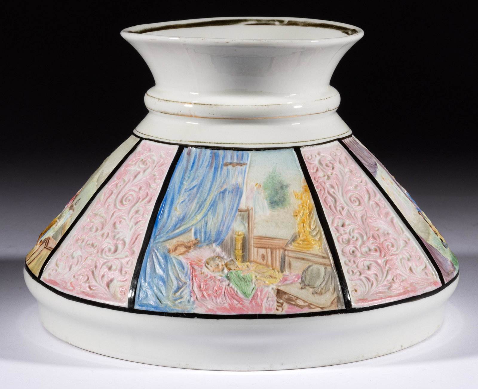 DECORATED PORCELAIN LITHOPHANE LAMP SHADE: DECORATED PORCELAIN LITHOPHANE LAMP SHADE, white with gilt decoration and multi-color panel decoration, one piece construction umbrella form with ringed neck, featuring eight alternating panels, vario