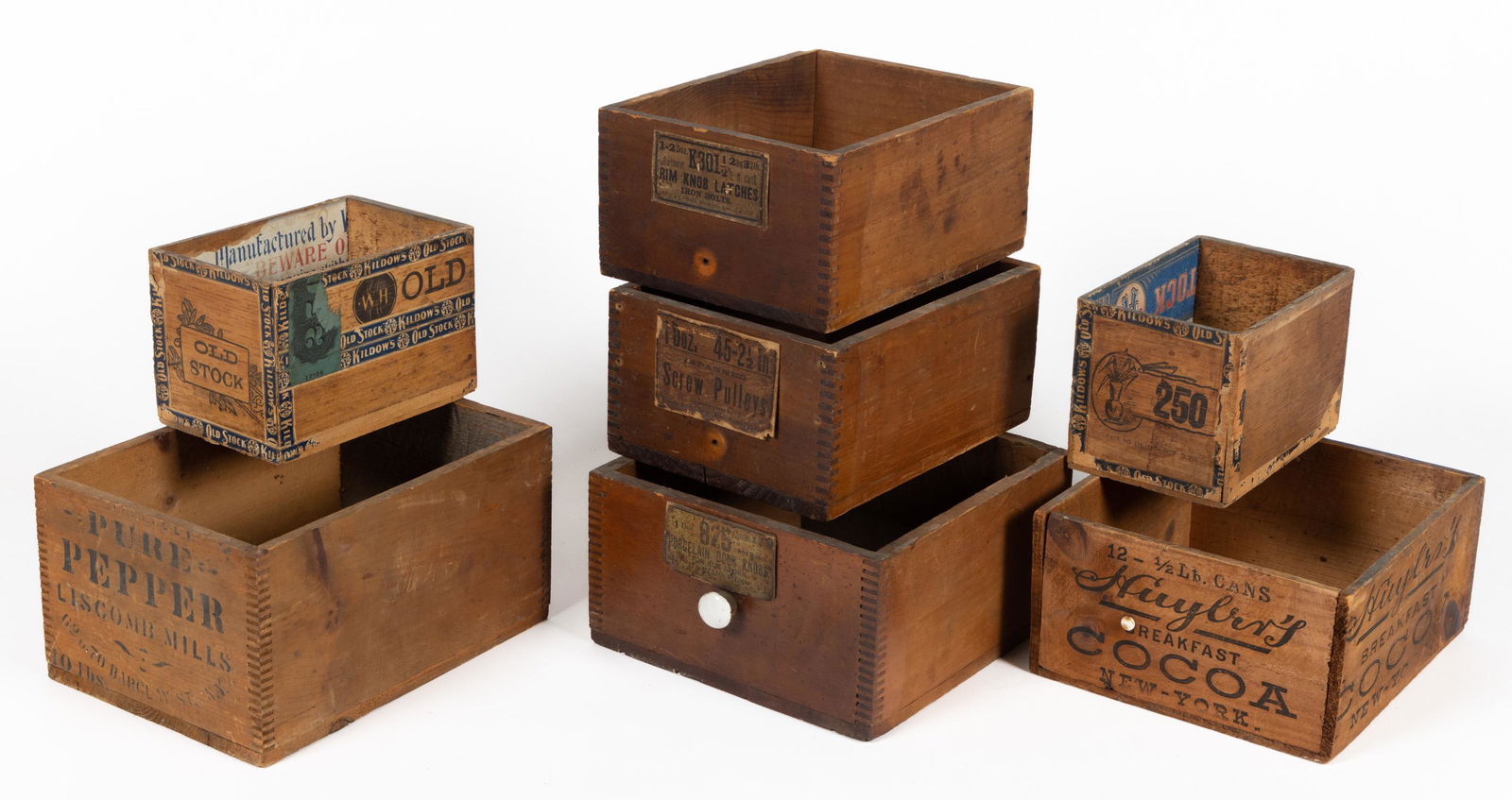 ASSORTED COUNTRY STORE ADVERTISING WOODEN BOXES / DRAWERS, LOT OF SEVEN (1 of 2)