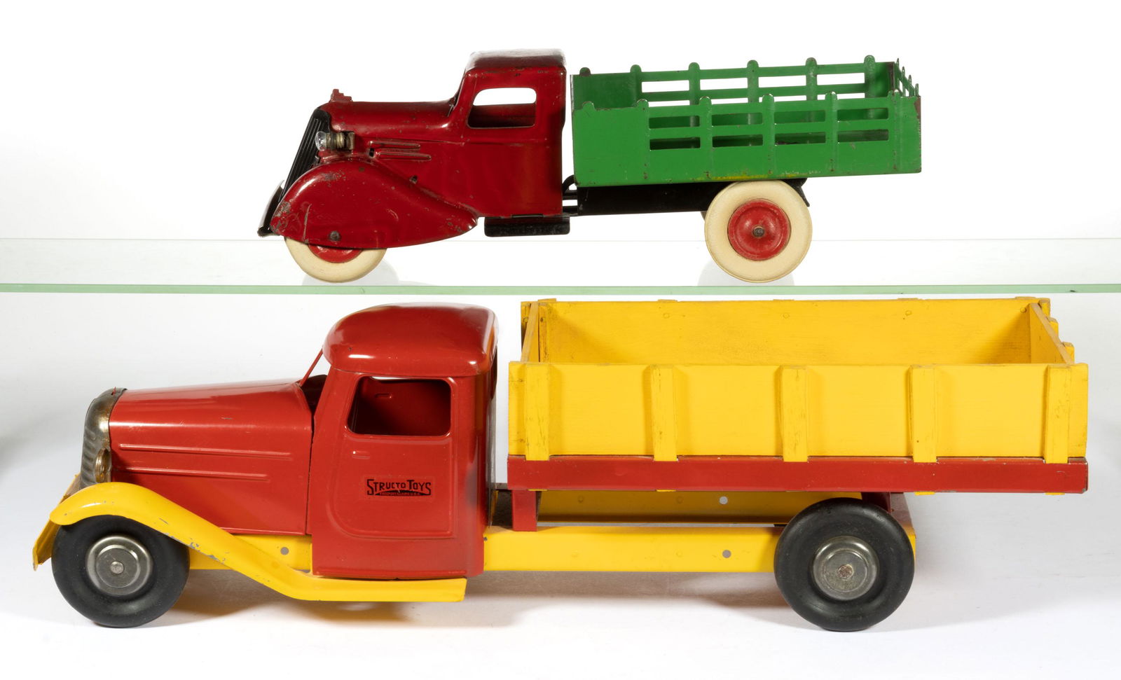ASSORTED MANUFACTURERS STAKE-BED PRESSED-STEEL TOY TRUCKS, LOT OF TWO (1 of 4)