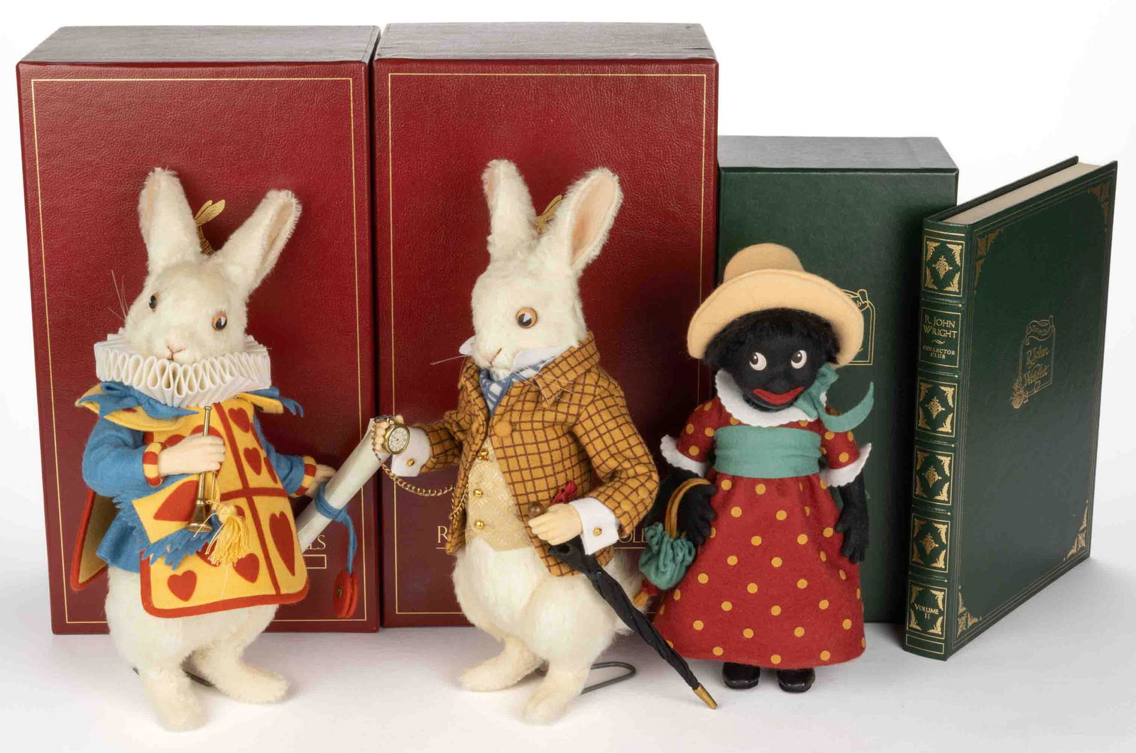 R. JOHN WRIGHT COLLECTOR CLUB / ALICE IN WONDERLAND, LOT OF TWO: R. JOHN WRIGHT COLLECTOR CLUB / ALICE IN WONDERLAND, LOT OF THREE,comprising two White Rabbit Examples, one numbered "No. 156", and Miss Golli numbered "MG#0796".Circa 2000.One box 6" H. Provenance: P