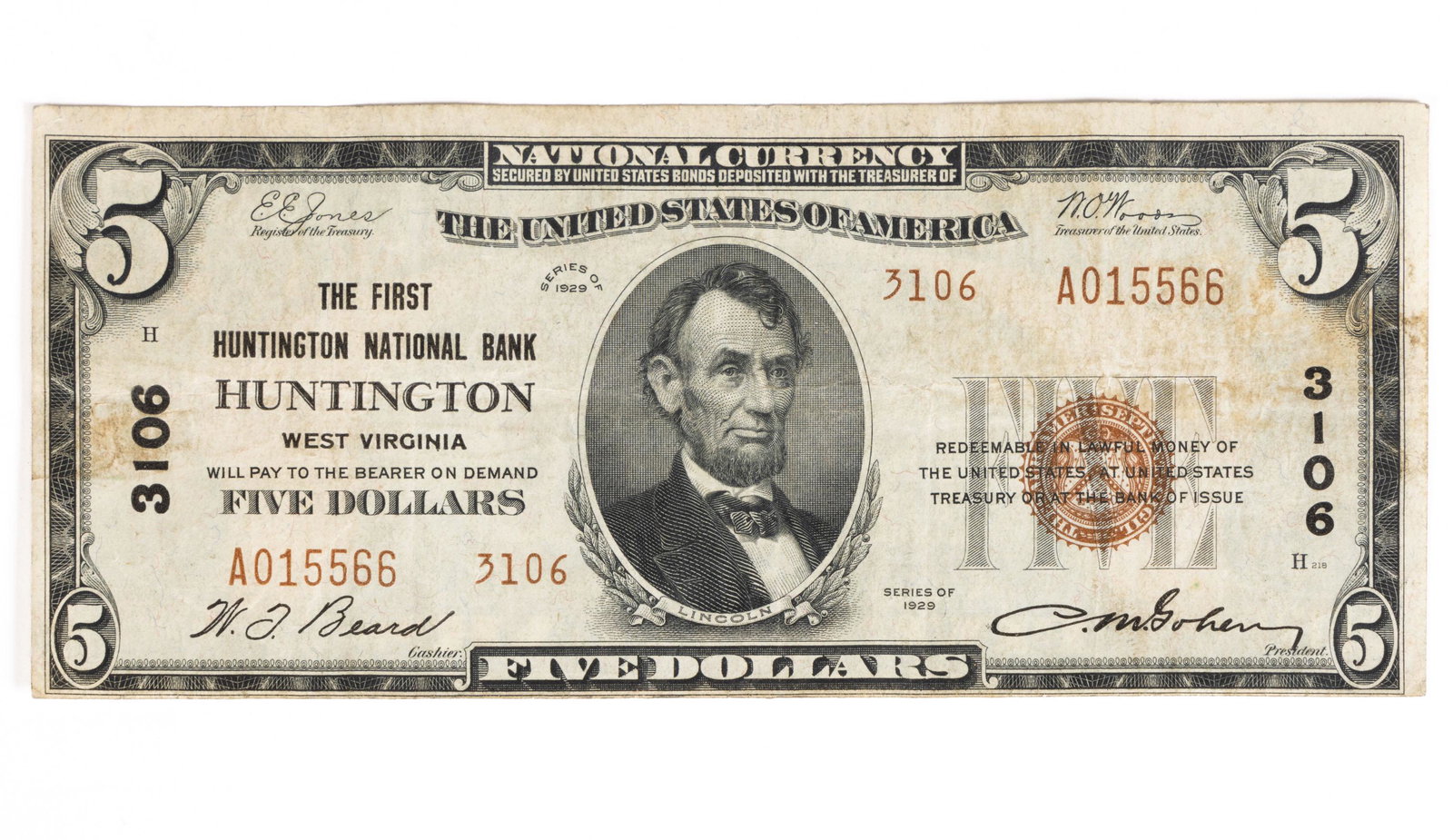 HUNTINGTON, WEST VIRGINIA OBSOLETE NATIONAL CURRENCY $5 NOTE (1 of 2)