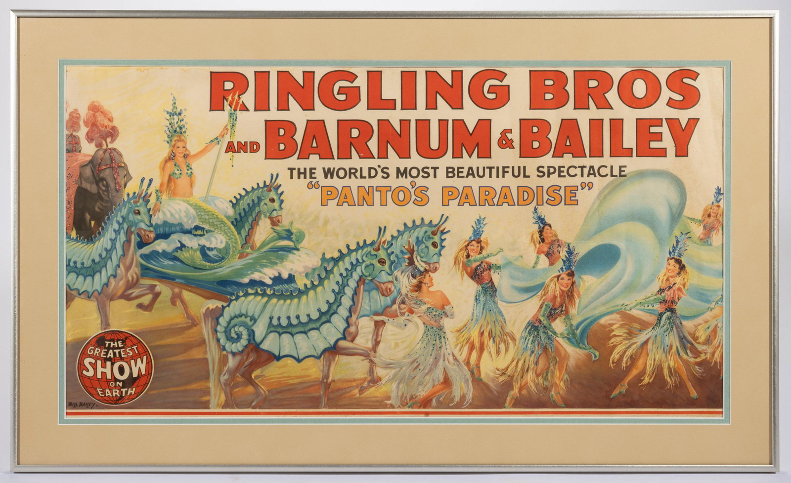 RINGLING BROTHERS AND BARNUM & BAILEY CIRCUS POSTER: RINGLING BROTHERS AND BARNUM & BAILEY CIRCUS POSTER,lithograph on paper, after Bill Bailey, for "PANTO'S PARADISE". Housed in a modern frame.Circa 1950. Provenance: Property from a Youngstown, OH esta