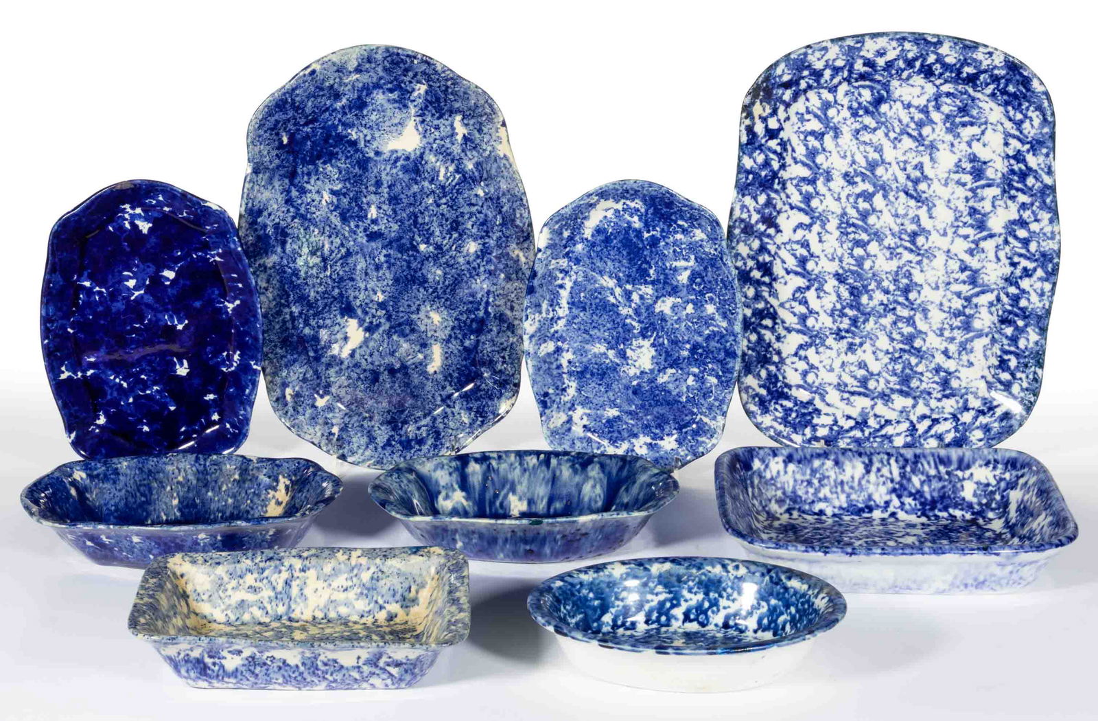 AMERICAN BLUE AND WHITE SPONGEWARE CERAMIC TABLE ARTICLES, LOT OF NINE (1 of 1)