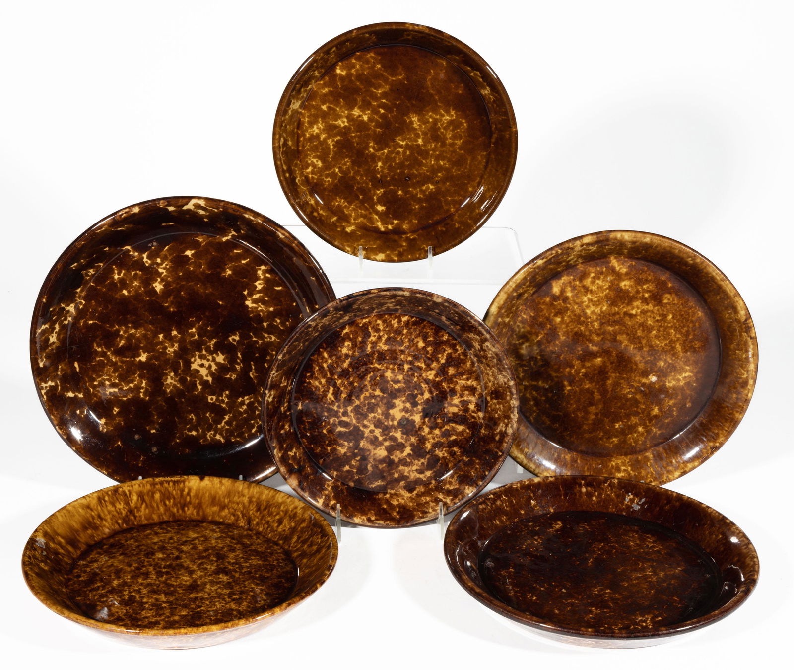 AMERICAN ROCKINGHAM-GLAZE POTTERY PANS / BAKERS, LOT OF SIX (1 of 1)