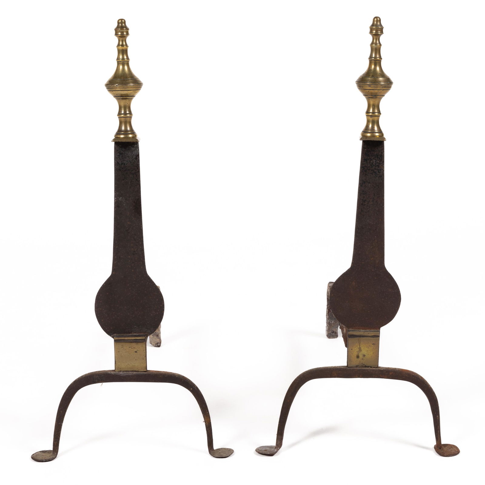 WROUGHT-IRON AND BRASS ANDIRONS, PAIR (1 of 2)