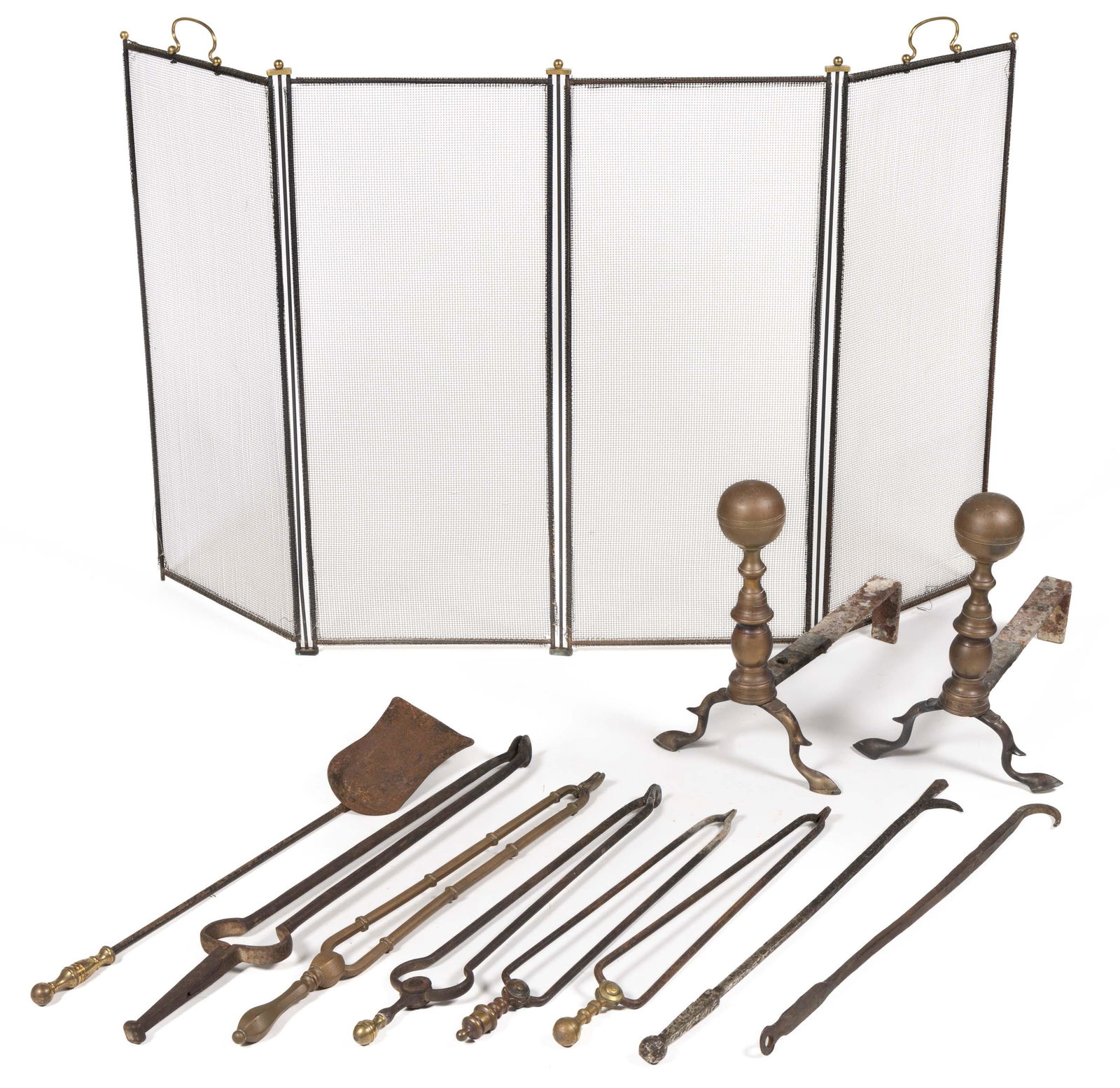 ASSORTED IRON AND BRASS FIREPLACE / HEARTH ARTICLES, LOT OF 11 (1 of 2)