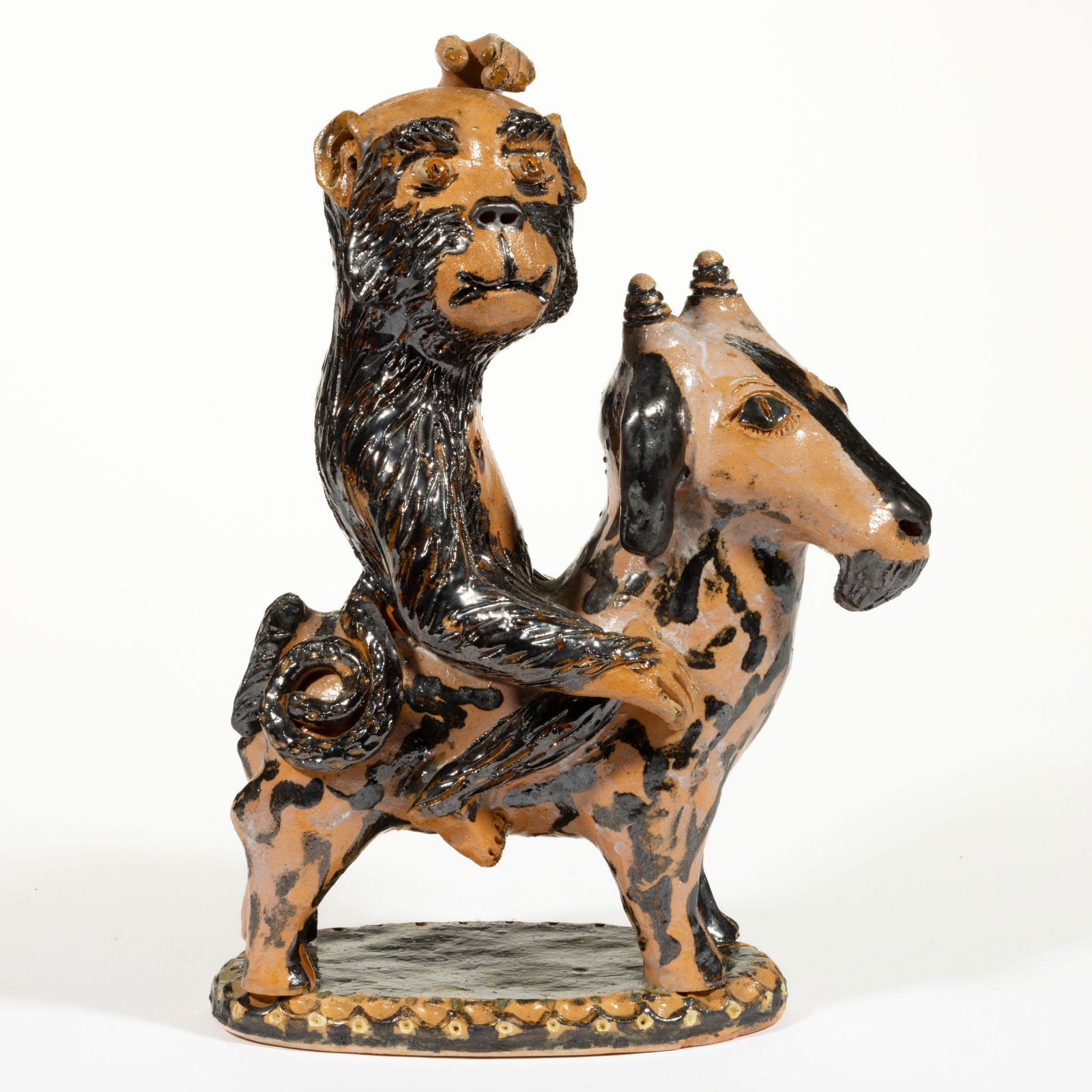 SIGNED BILLY RAY HUSSEY, NORTH CAROLINA EARTHENWARE / REDWARE MONKEY AND GOAT FIGURAL GROUP (1 of 5)