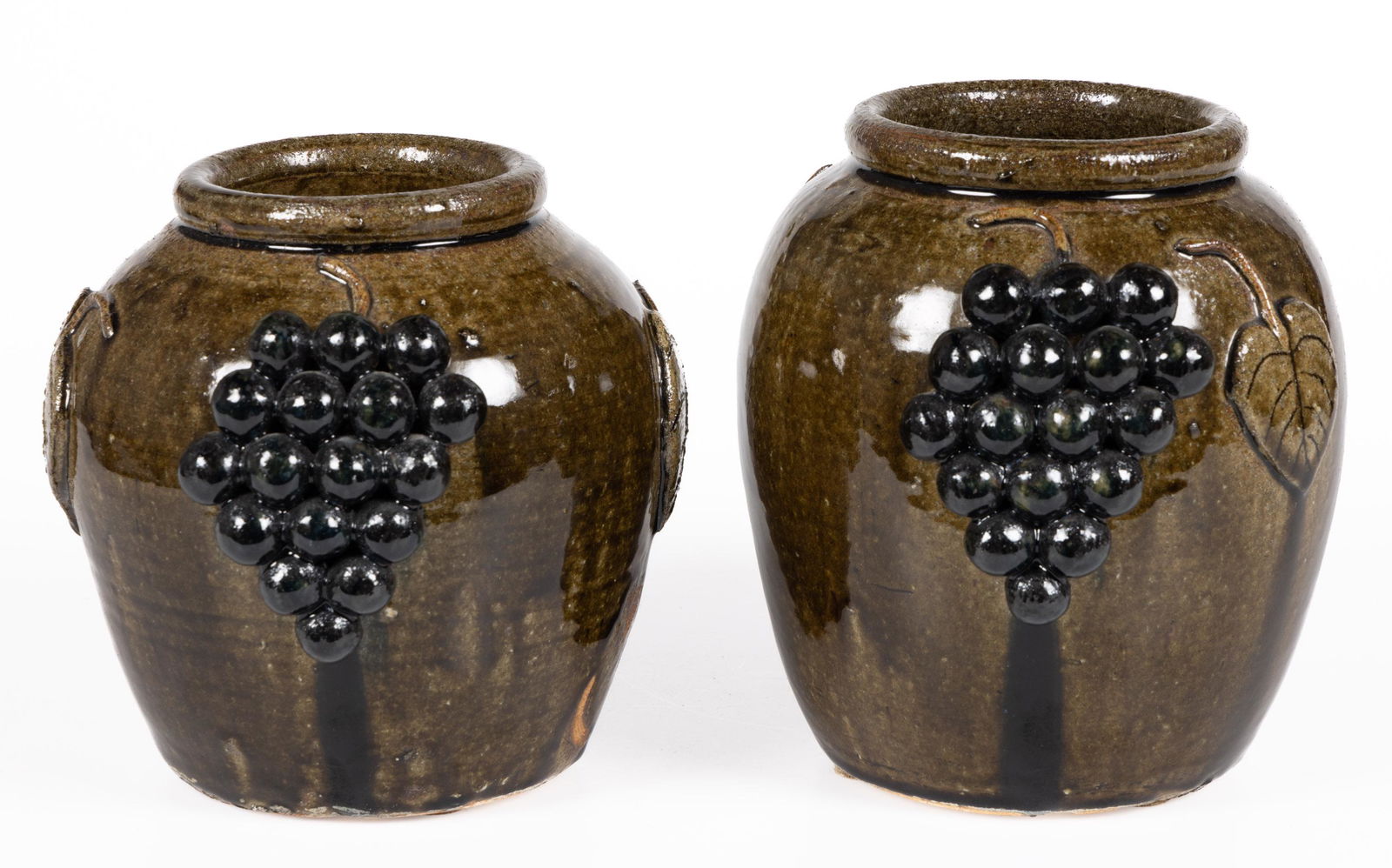 GEORGIA SIGNED "EDWIN MEADERS" (AMERICAN, 1921-2015) GRAPE MOTIF STONEWARE JARS, LOT OF TWO (1 of 5)