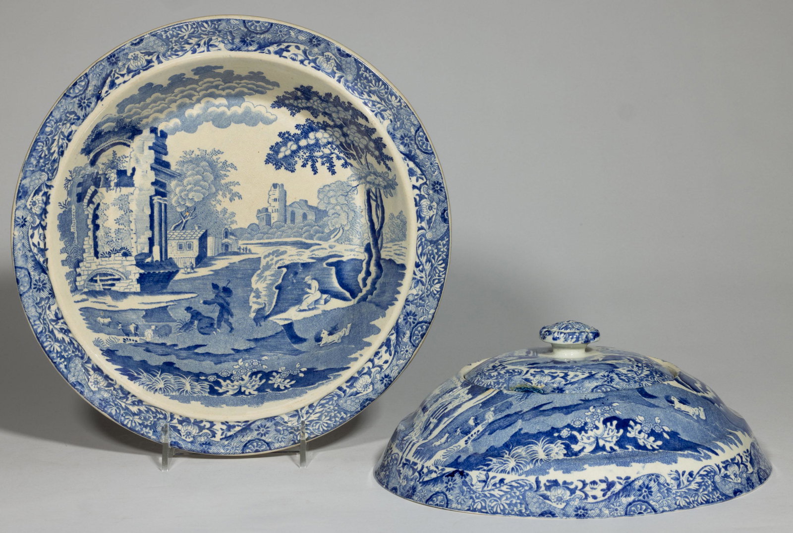 STAFFORDSHIRE PEARLWARE "ITALIAN" TRANSFER-PRINTED CERAMIC COVERED DISH: STAFFORDSHIRE PEARLWARE "ITALIAN" TRANSFER-PRINTED CERAMIC COVERED DISH,having a stacked three-piece form including a base, a removable domed middle and top cover with flower finial, featuring a pasto