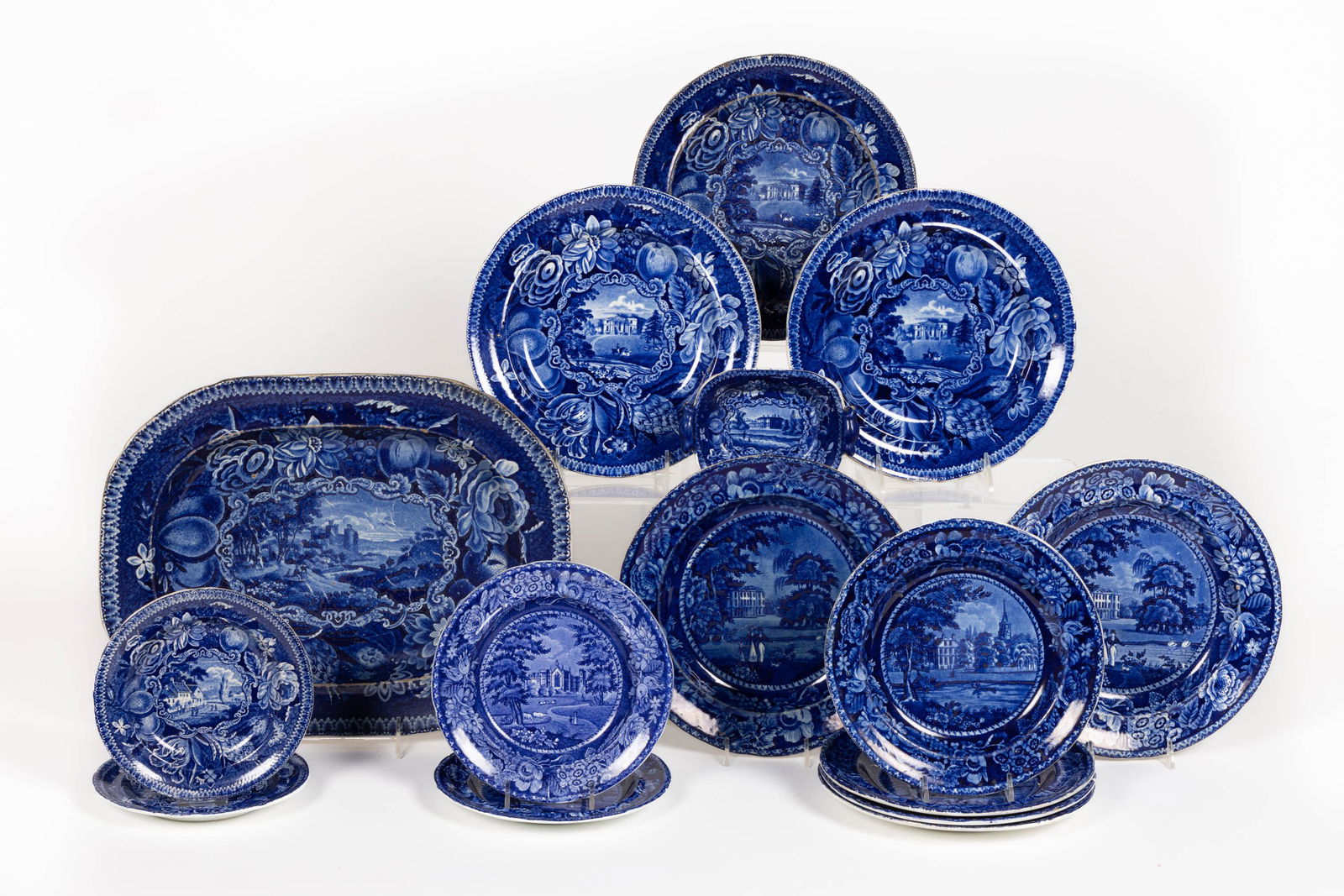 STAFFORDSHIRE RALPH HALL EUROPEAN VIEWS TRANSFER-PRINTED CERAMIC TABLE ARTICLES, LOT OF 15 (1 of 1)