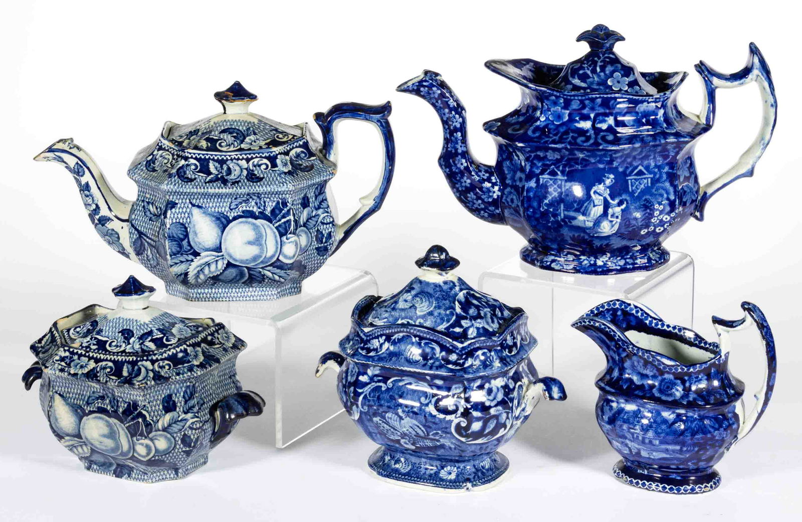 STAFFORDSHIRE TRANSFER-PRINTED TEA ARTICLES, LOT OF FIVE (1 of 2)