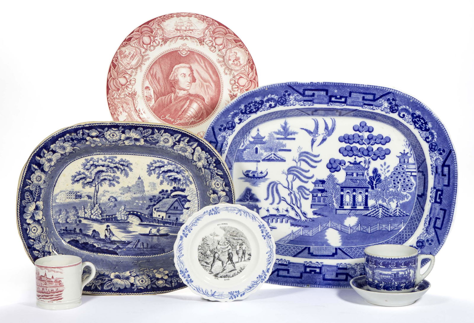 ASSORTED TRANSFER-PRINTED CERAMIC ARTICLES, LOT OF FIVE (1 of 7)