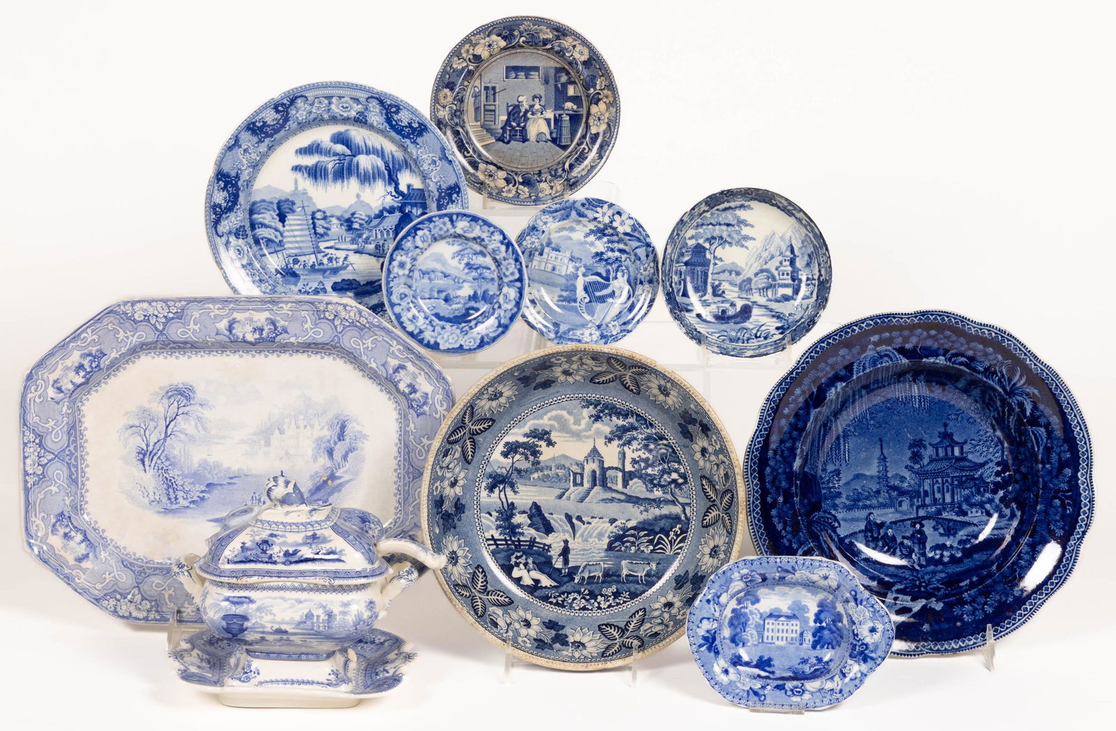 STAFFORDSHIRE TRANSFER-PRINTED CERAMIC TABLE ARTICLES, LOT OF 12 (1 of 1)