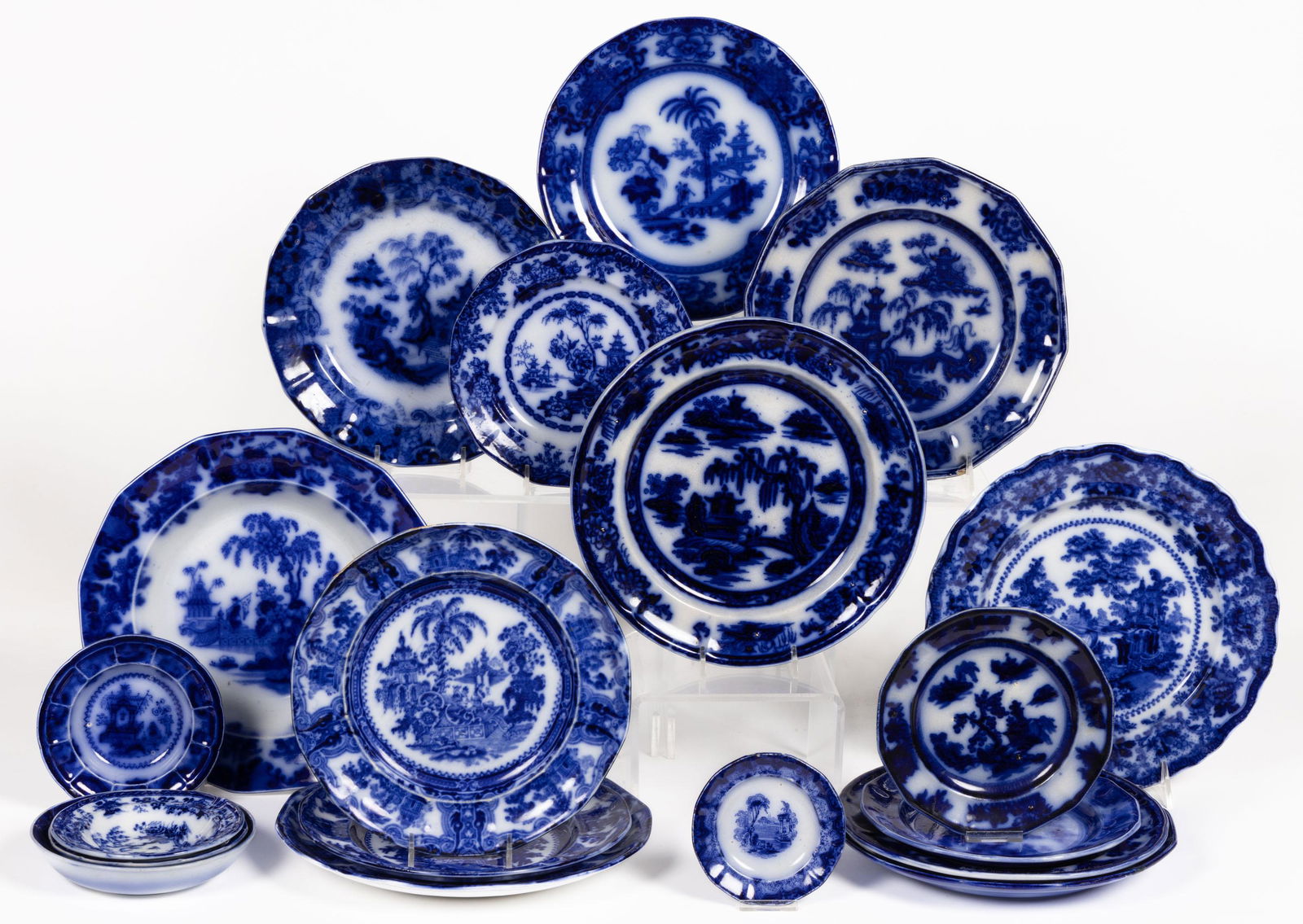 ENGLISH FLOW BLUE TRANSFER-PRINTED CERAMIC TABLE ARTICLES, LOT OF 19 (1 of 1)