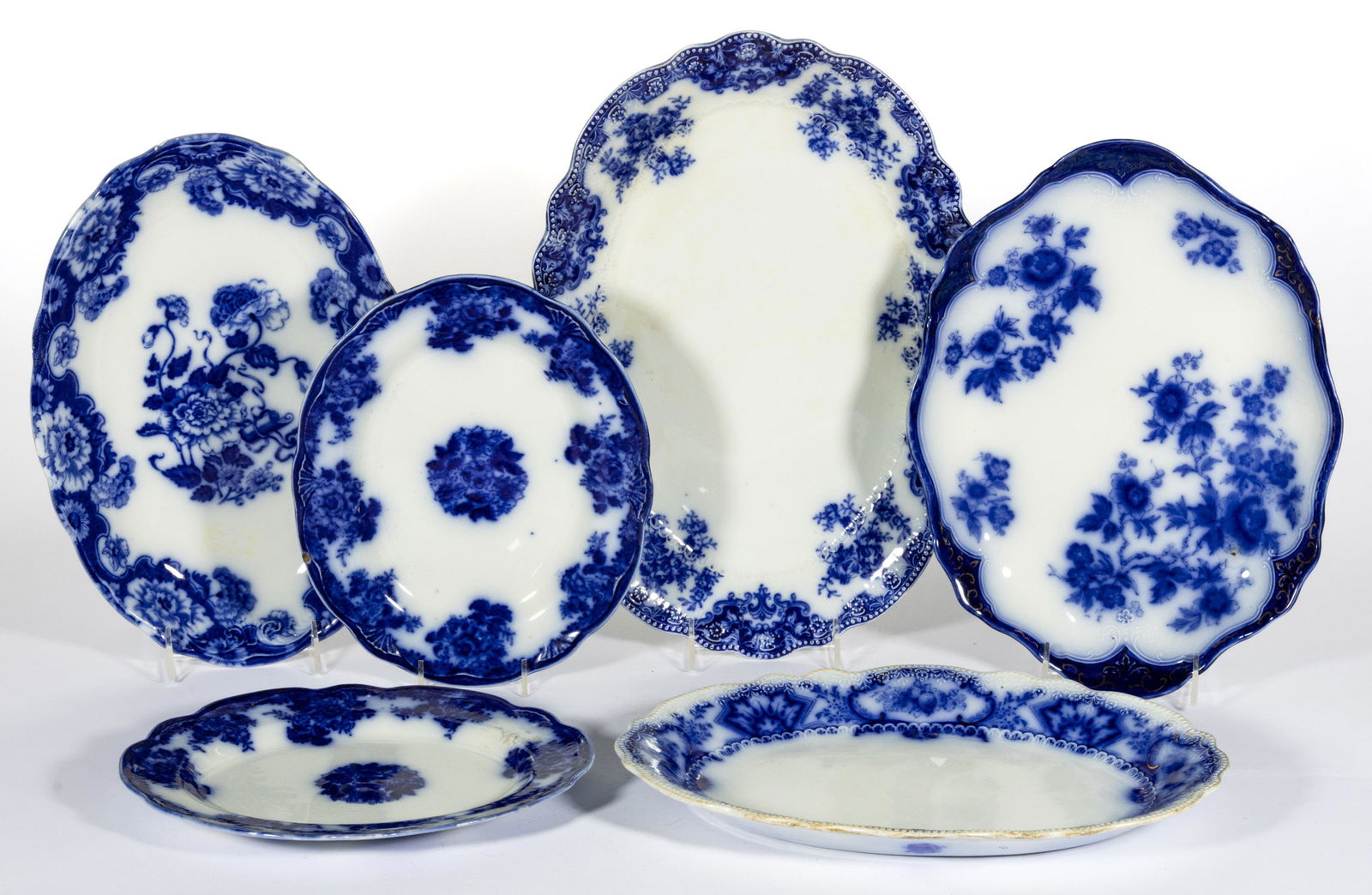 ENGLISH FLOW BLUE FLORAL MOTIF TRANSFER-PRINTED CERAMIC PLATTERS, LOT OF SIX (1 of 1)